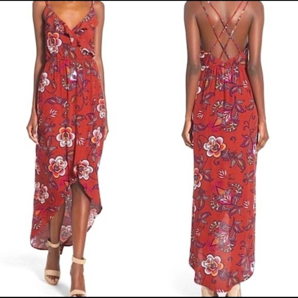 ASTR Ruffle Surplice High/Low Maxi Dress (Medium)